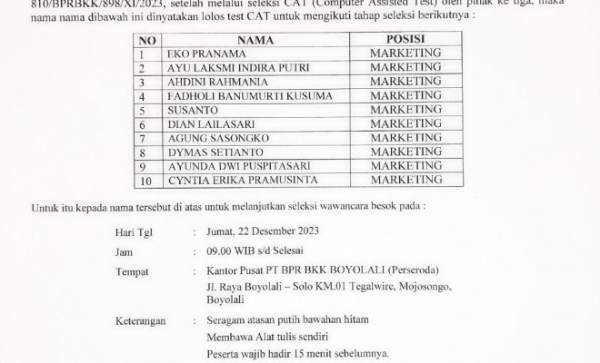 Pengumuman CAT penerimaan Calon Pegawai PT BPR BKK BOYOLALI (PERSERODA) Tahun 2023